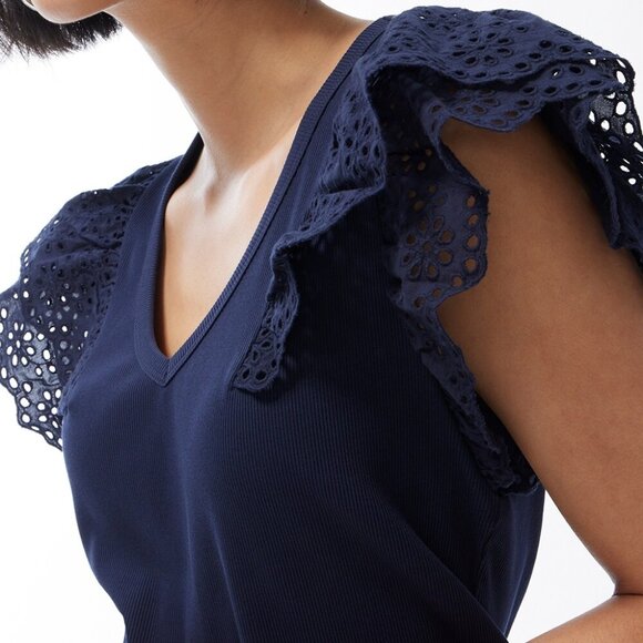 Chico's Ribbed Eyelet Flutter Sleeve Tee Agua Azul Size L (Chico's size 2) - Picture 4 of 4